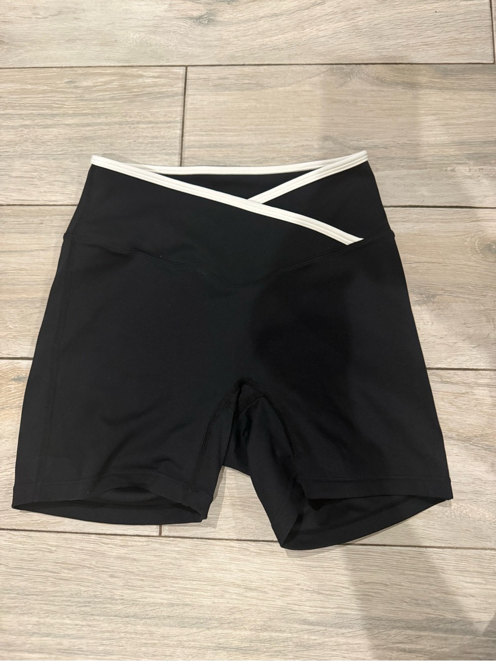 Women’s Black Athletic Bike Shorts with White Waist Trim